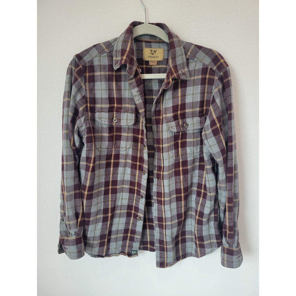 Outdoor Life Men S Plaid Flannel Shirt Maroon Gray Yellow 100% Cotton Button Up